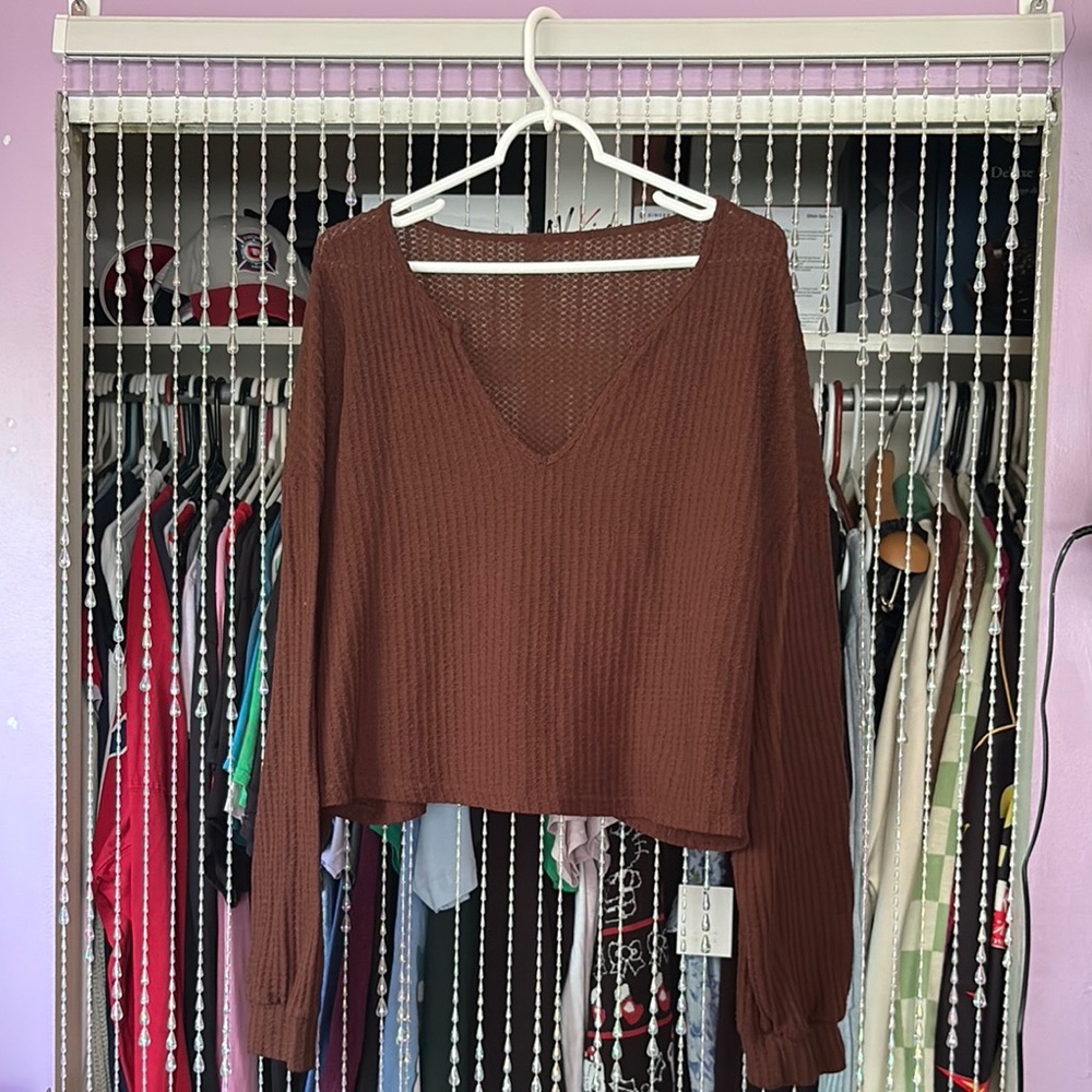 Brown V-Neck Ribbed Cropped Sweater